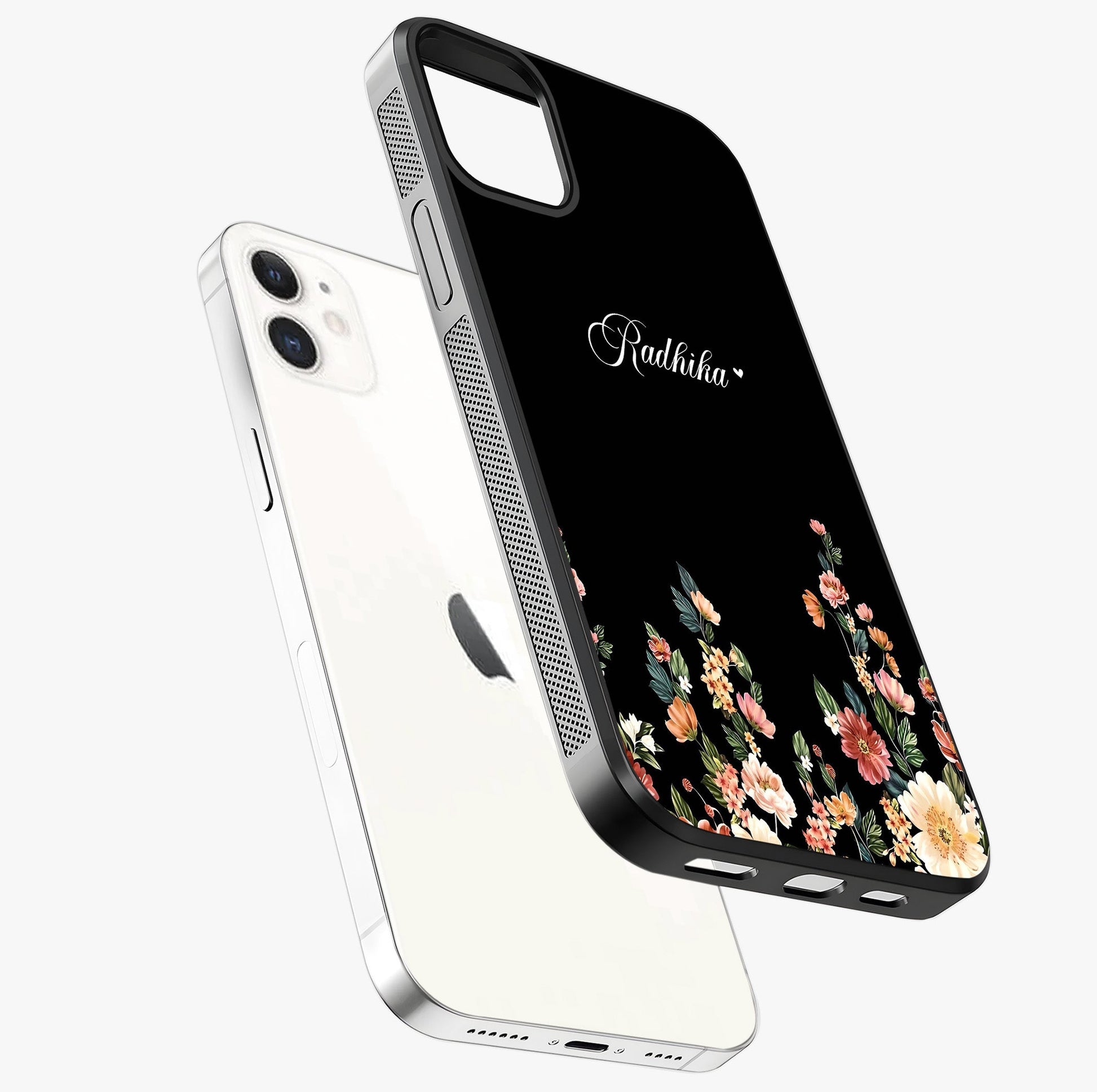 Floral Design With A Custom Personalized Name Glass Case laid diagonally highlighting side profile, edges and glossy glass shine.