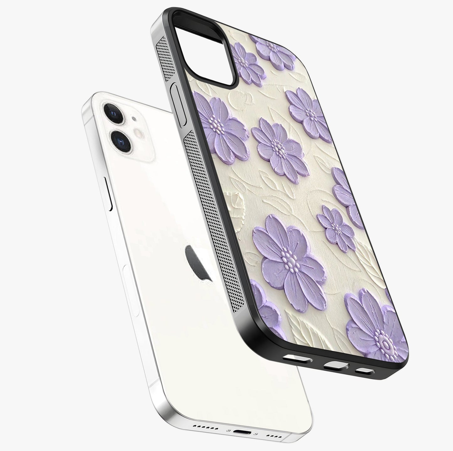 Floral Wall Art With Purple Flowers Glass Case laid diagonally highlighting side profile, edges and glossy glass shine.