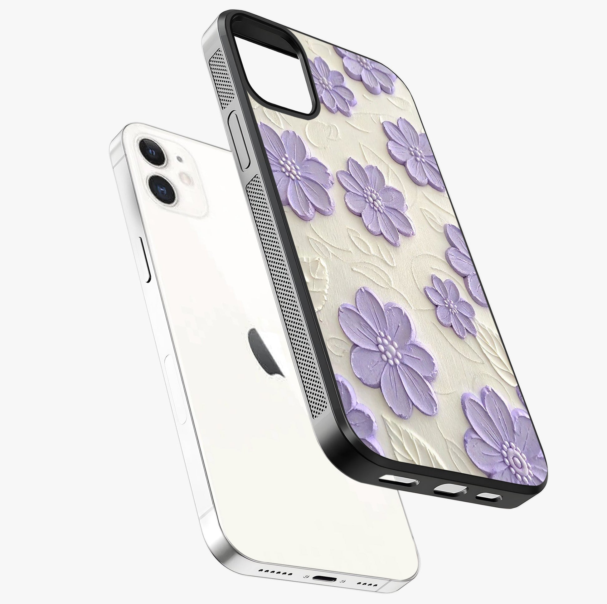 Floral Wall Art With Purple Flowers Glass Case laid diagonally highlighting side profile, edges and glossy glass shine.