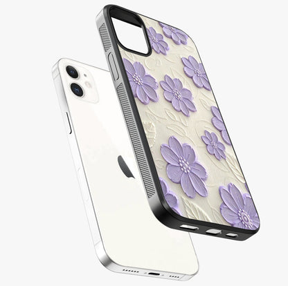 Floral Wall Art With Purple Flowers Glass Case laid diagonally highlighting side profile, edges and glossy glass shine.
