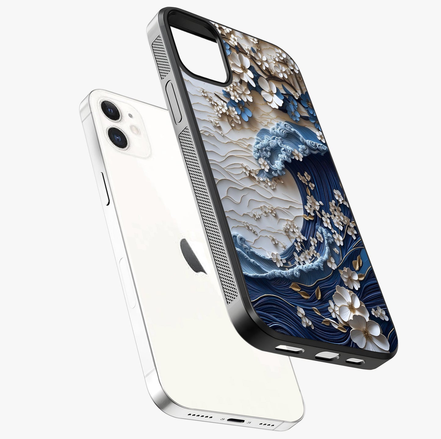 Floral Wave Origami Glass Case laid diagonally highlighting side profile, edges and glossy glass shine.