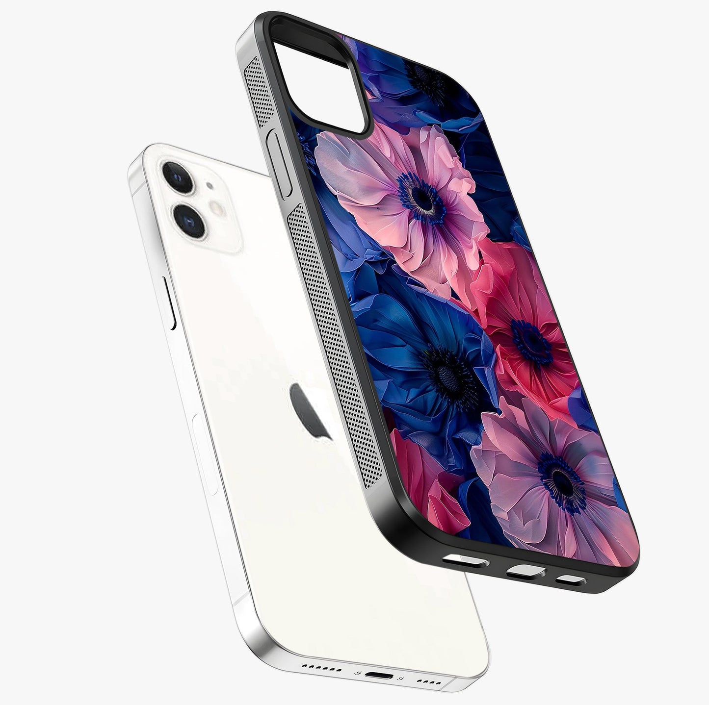 Flower Paper Art Pattern Glass Case laid diagonally highlighting side profile, edges and glossy glass shine.