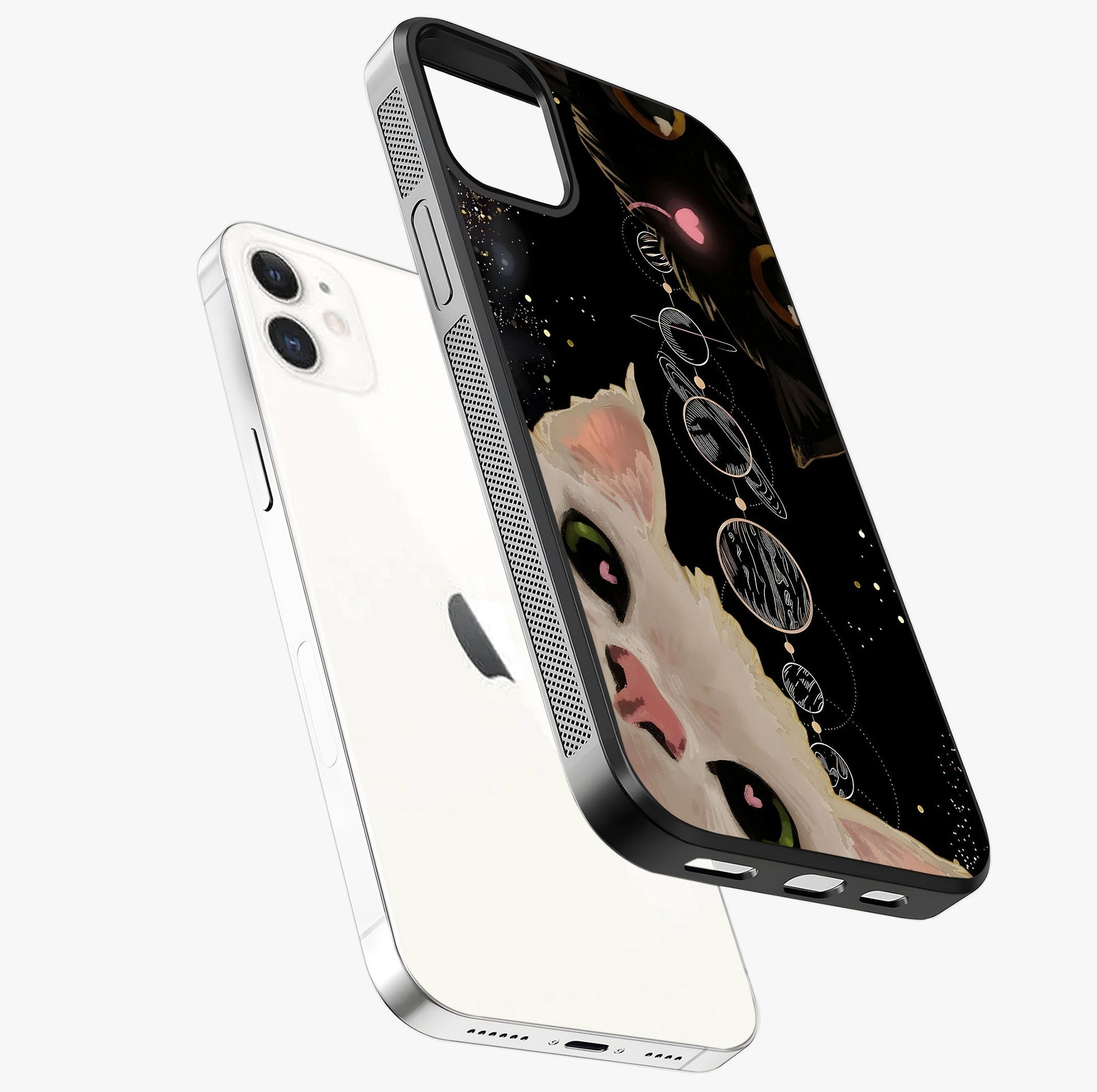 Galactic Cat Glass Case laid diagonally highlighting side profile, edges and glossy glass shine.