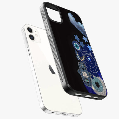 Galactic Charm Cluster Glass Case laid diagonally highlighting side profile, edges and glossy glass shine.