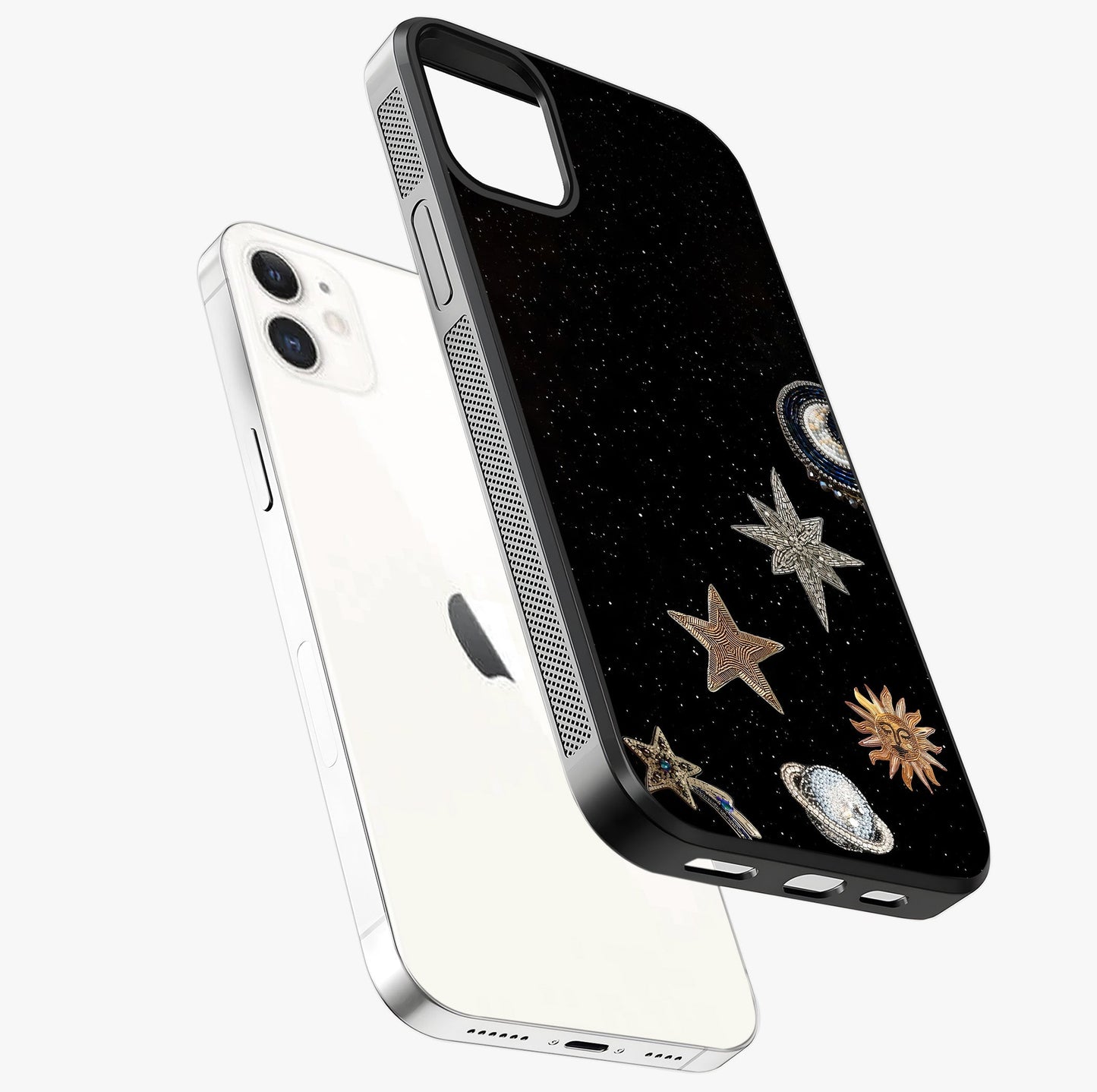 Galactic Charm Glow Glass Case laid diagonally highlighting side profile, edges and glossy glass shine.