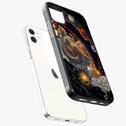 Galactic Divine God Glass Case laid diagonally highlighting side profile, edges and glossy glass shine.