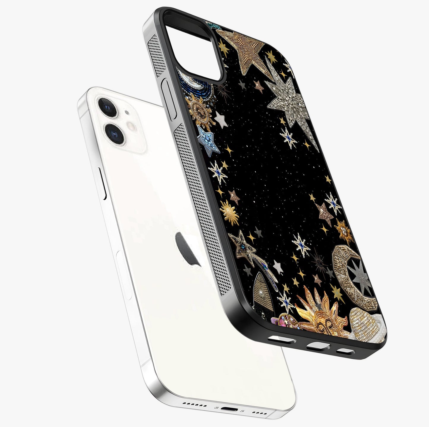 Galactic Jewel Stars Glass Case laid diagonally highlighting side profile, edges and glossy glass shine.