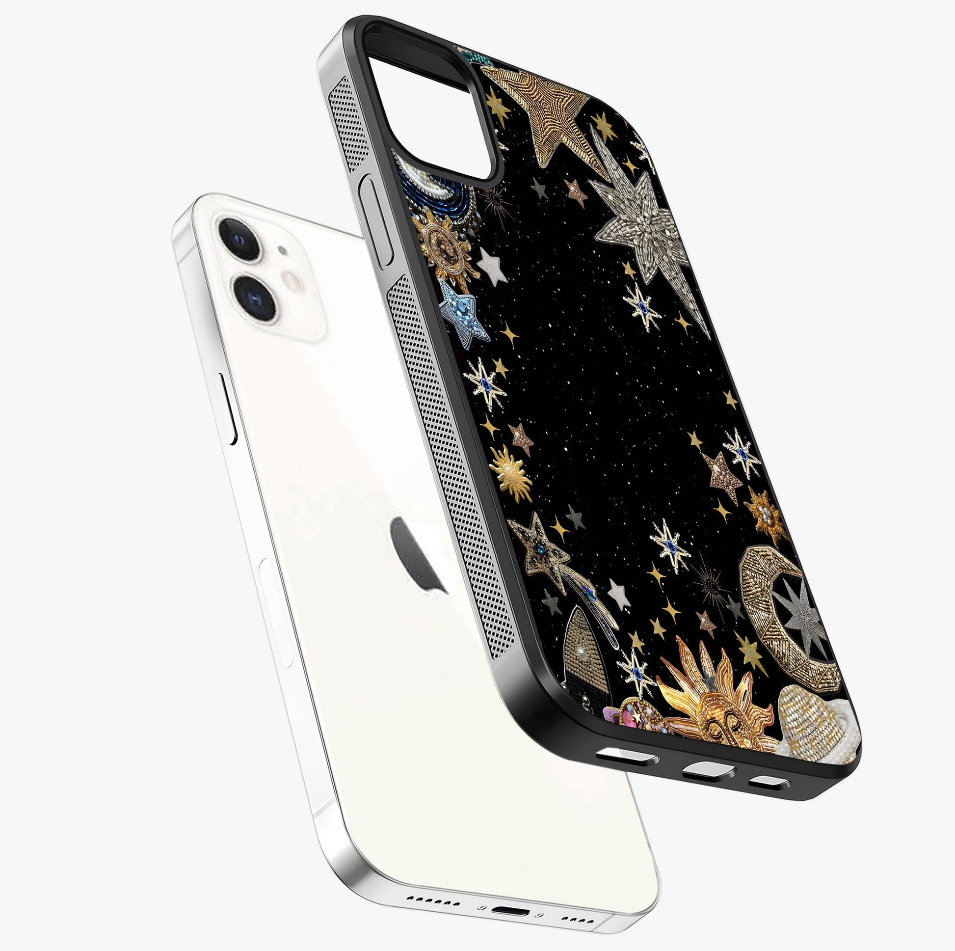 Galactic Jewel Stars Glass Case laid diagonally highlighting side profile, edges and glossy glass shine.
