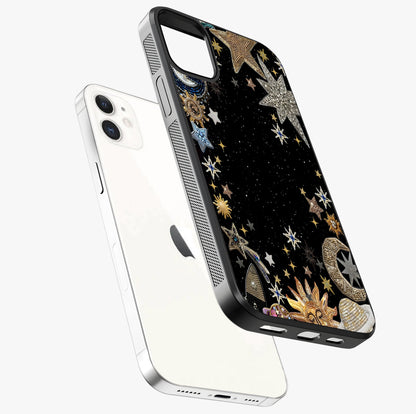 Galactic Jewel Stars Glass Case laid diagonally highlighting side profile, edges and glossy glass shine.
