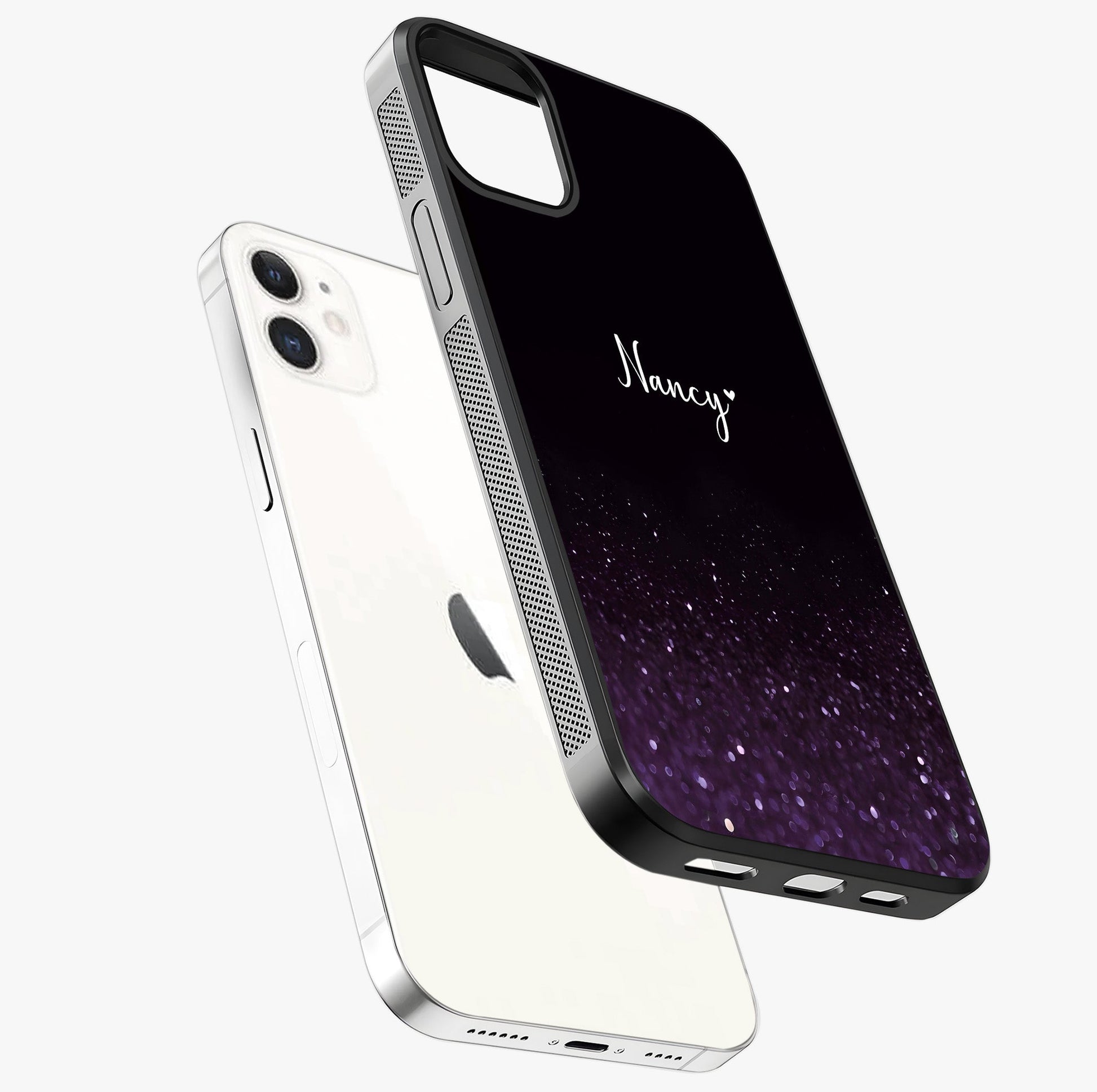 Glittery Purple Bokeh Custom Name Glass Case laid diagonally highlighting side profile, edges and glossy glass shine.
