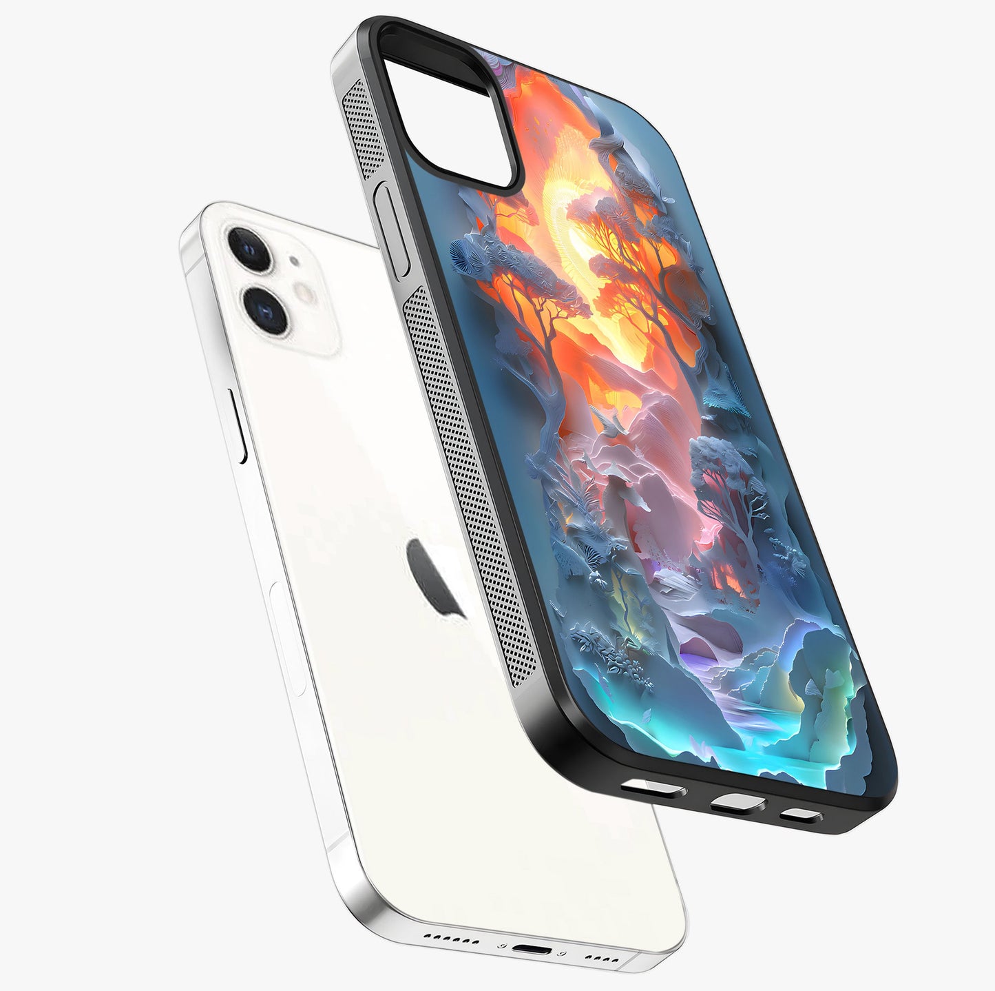 Glow Forest Portal Glass Case laid diagonally highlighting side profile, edges and glossy glass shine.