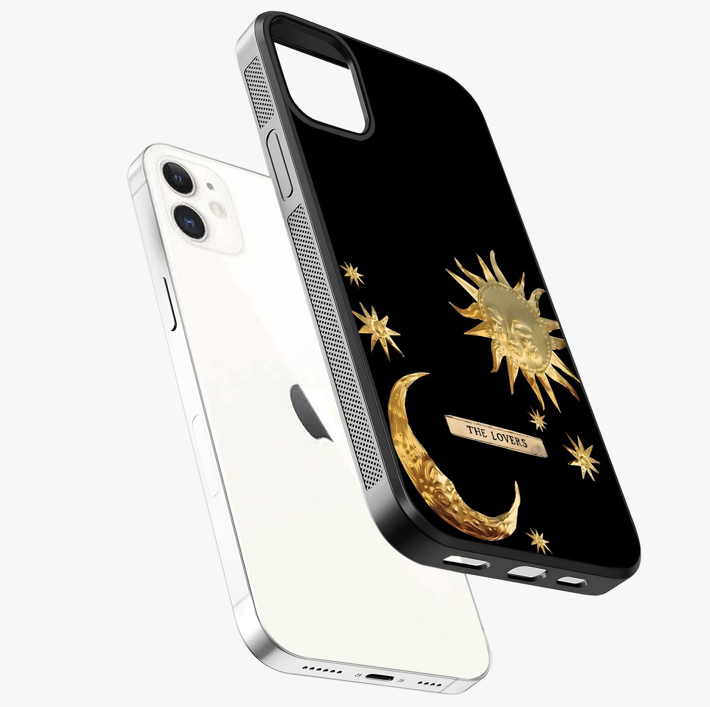Golden Celestial Charm Glass Case laid diagonally highlighting side profile, edges and glossy glass shine.