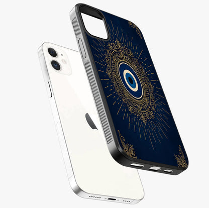 Golden Evil Eye Mandala Glass Case laid diagonally highlighting side profile, edges and glossy glass shine.