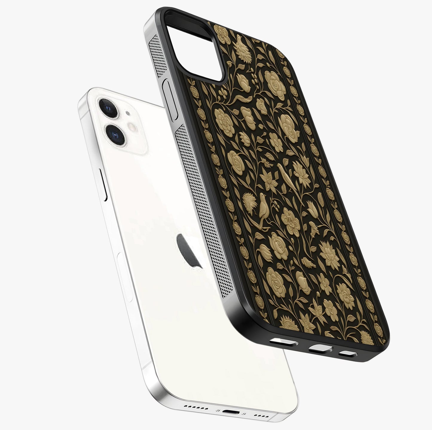 Golden Floral Majesty Glass Case laid diagonally highlighting side profile, edges and glossy glass shine.
