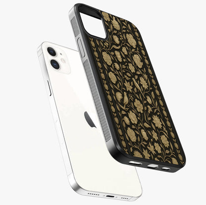 Golden Floral Majesty Glass Case laid diagonally highlighting side profile, edges and glossy glass shine.