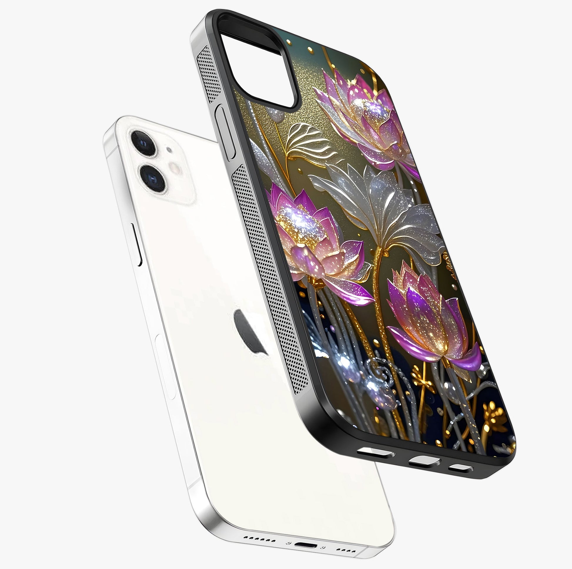 Golden Lotus Glow Glass Case laid diagonally highlighting side profile, edges and glossy glass shine.