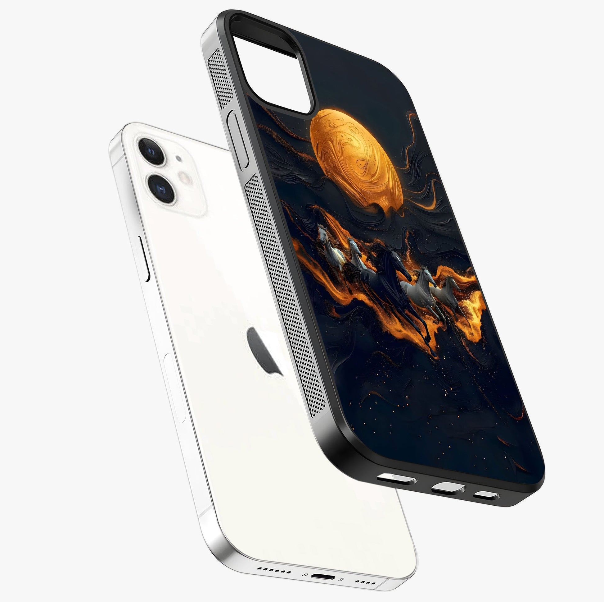 Golden Stallion Moonride Glass Case laid diagonally highlighting side profile, edges and glossy glass shine.