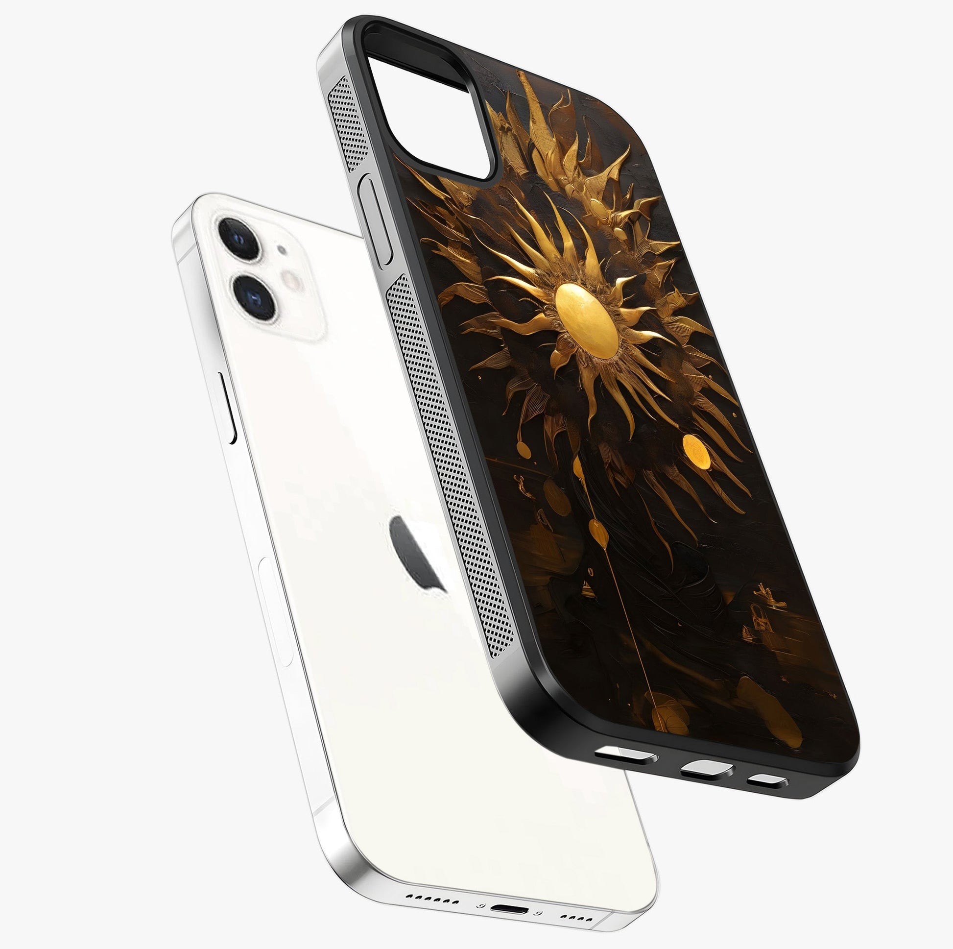 Golden Sun Majesty Glass Case laid diagonally highlighting side profile, edges and glossy glass shine.