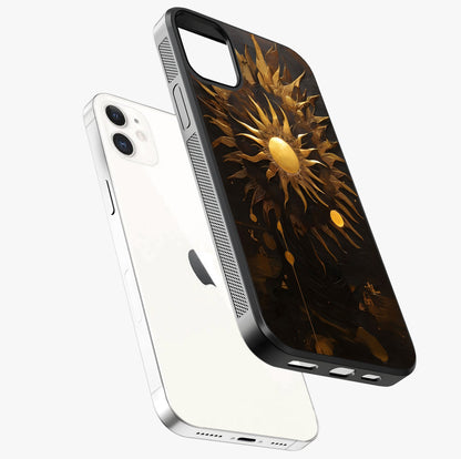 Golden Sun Majesty Glass Case laid diagonally highlighting side profile, edges and glossy glass shine.
