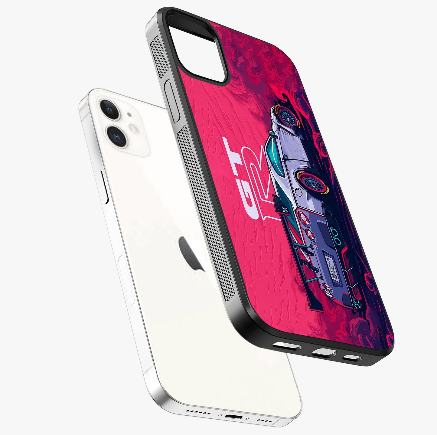 GT R Car Pattern Glass Case laid diagonally highlighting side profile, edges and glossy glass shine.