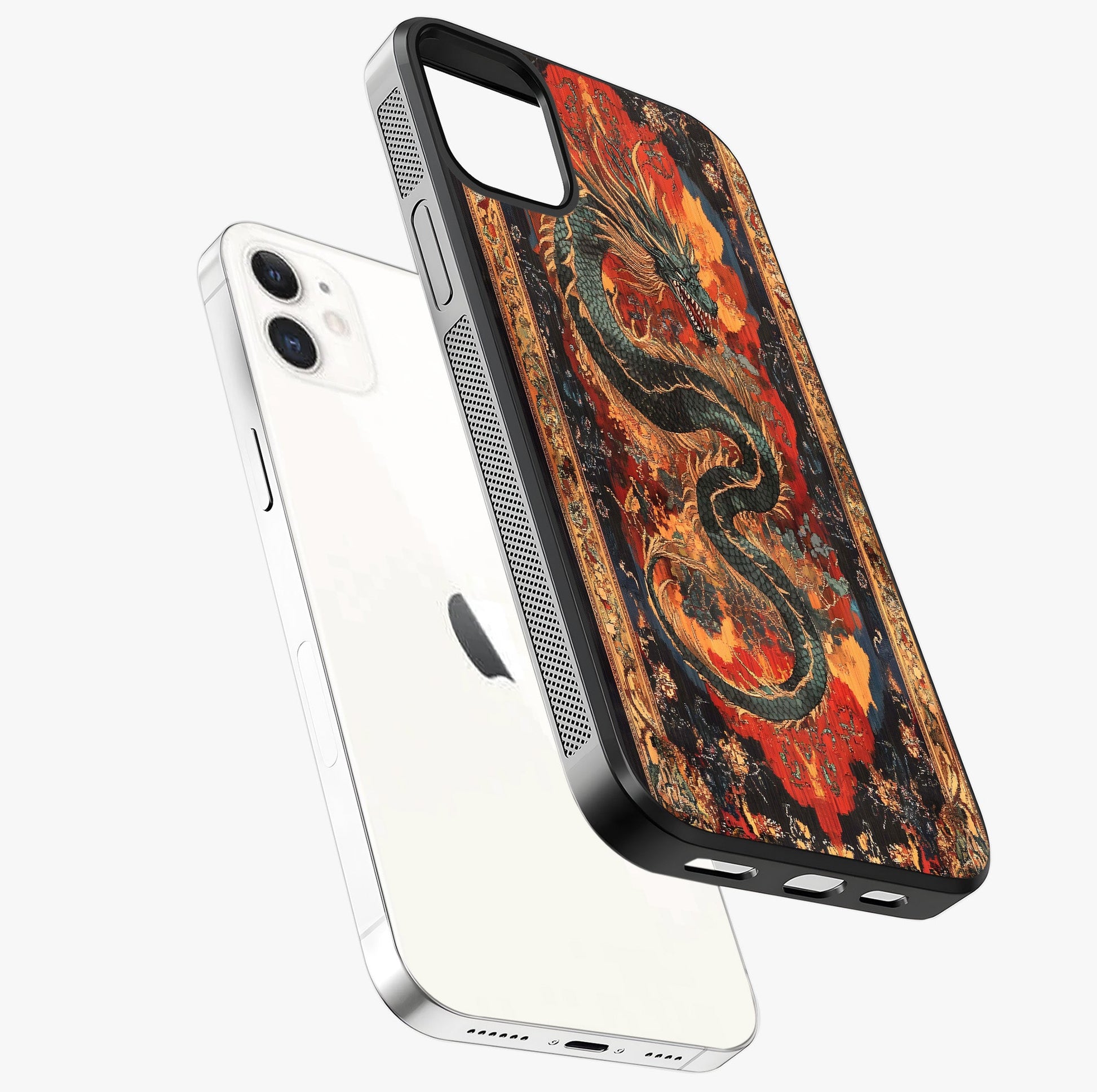 Inferno Dragon Soul Glass Case laid diagonally highlighting side profile, edges and glossy glass shine.