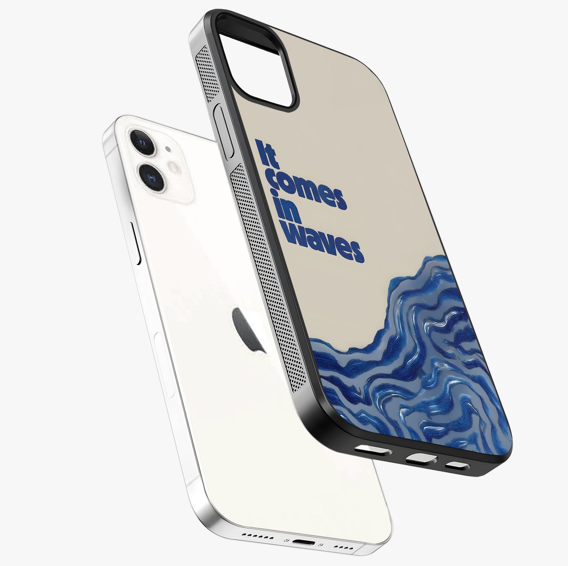It Comes In Waves Quote Glass Case laid diagonally highlighting side profile, edges and glossy glass shine.