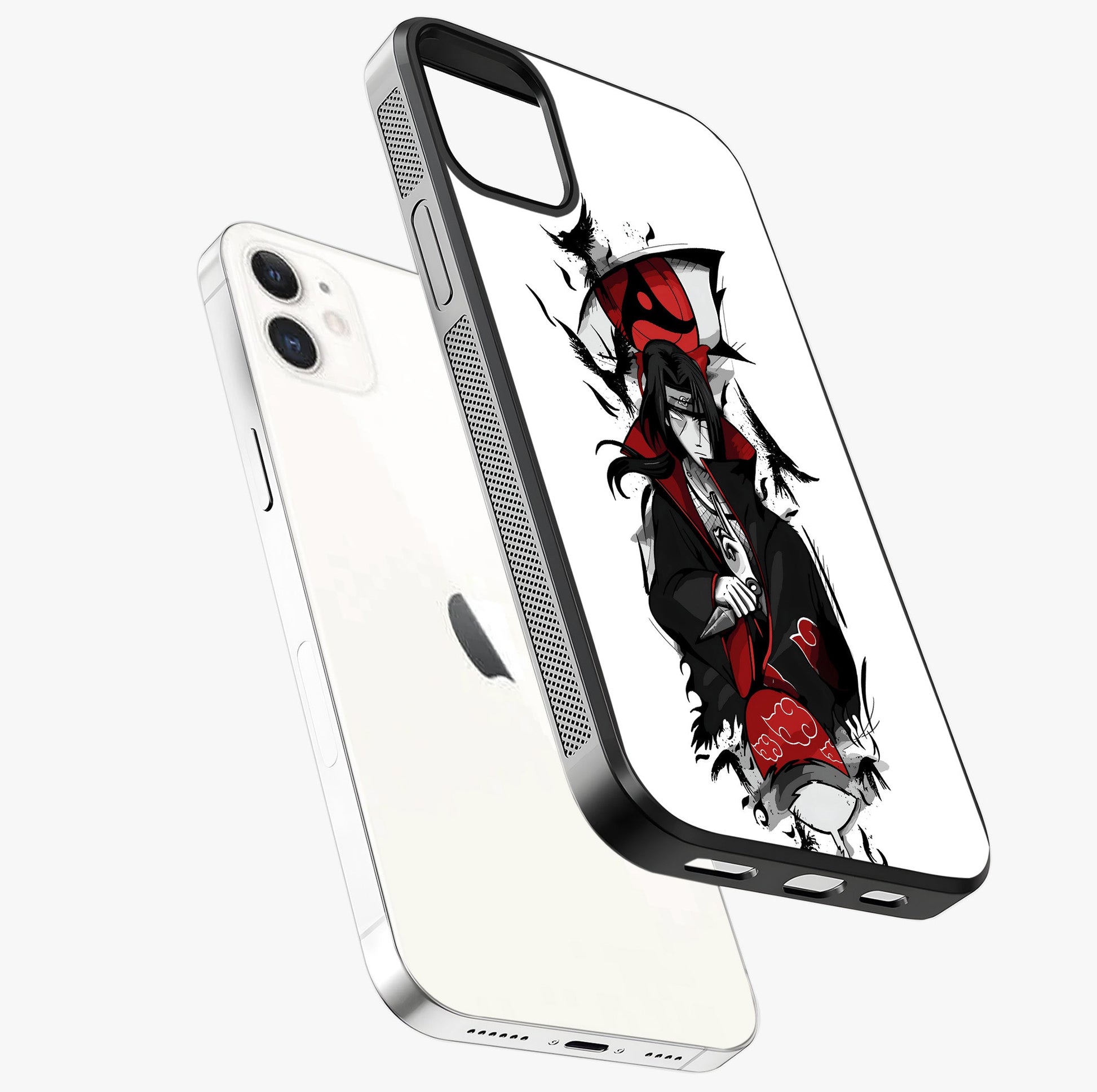 Itachi Sharingan Glass Case laid diagonally highlighting side profile, edges and glossy glass shine.
