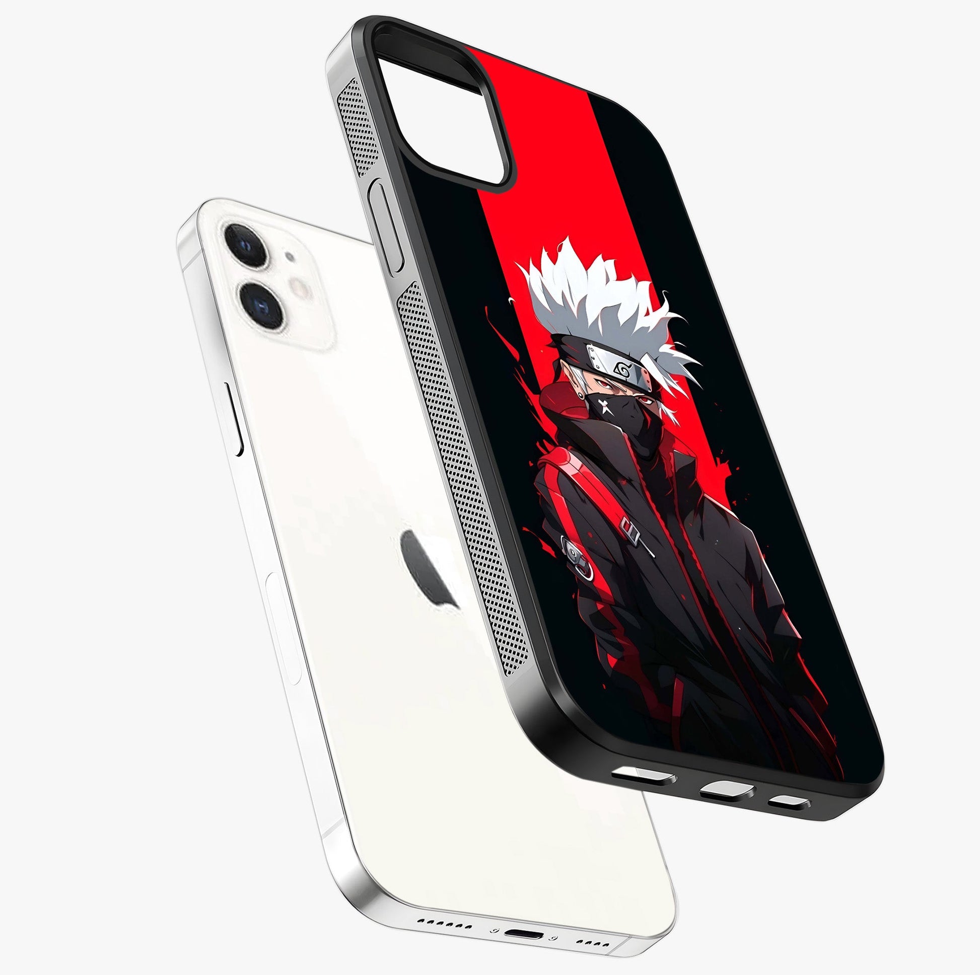Kakashi Scarlet Shadow Glass Case laid diagonally highlighting side profile, edges and glossy glass shine.