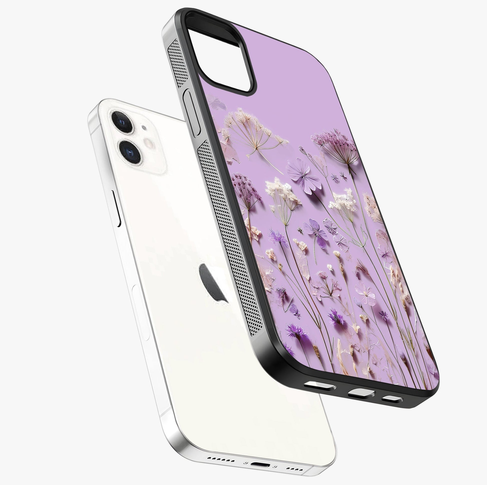 Lavender Blossom Dream Glass Case laid diagonally highlighting side profile, edges and glossy glass shine.