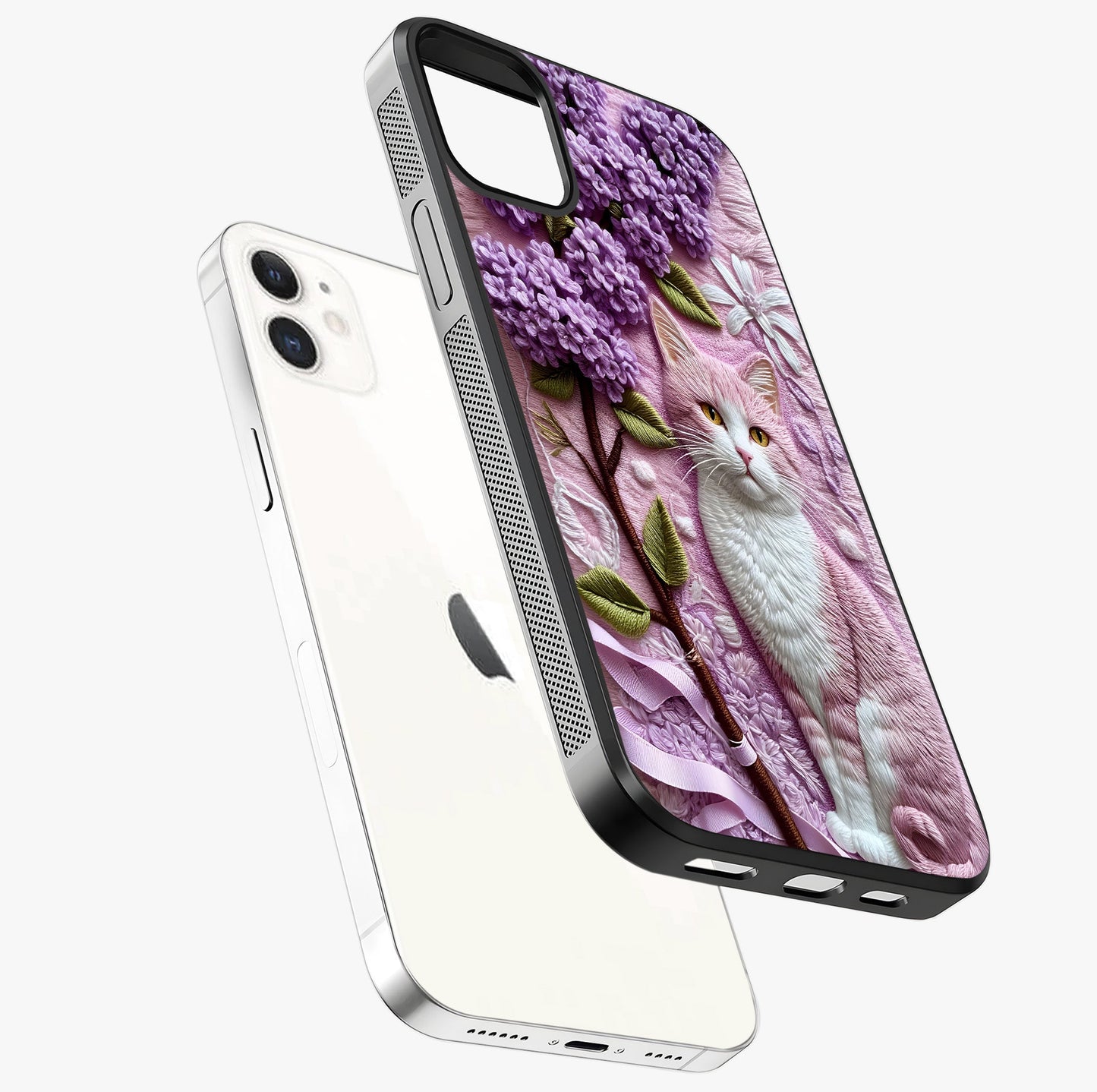Lavender Cat Whimsy Glass Case laid diagonally highlighting side profile, edges and glossy glass shine.