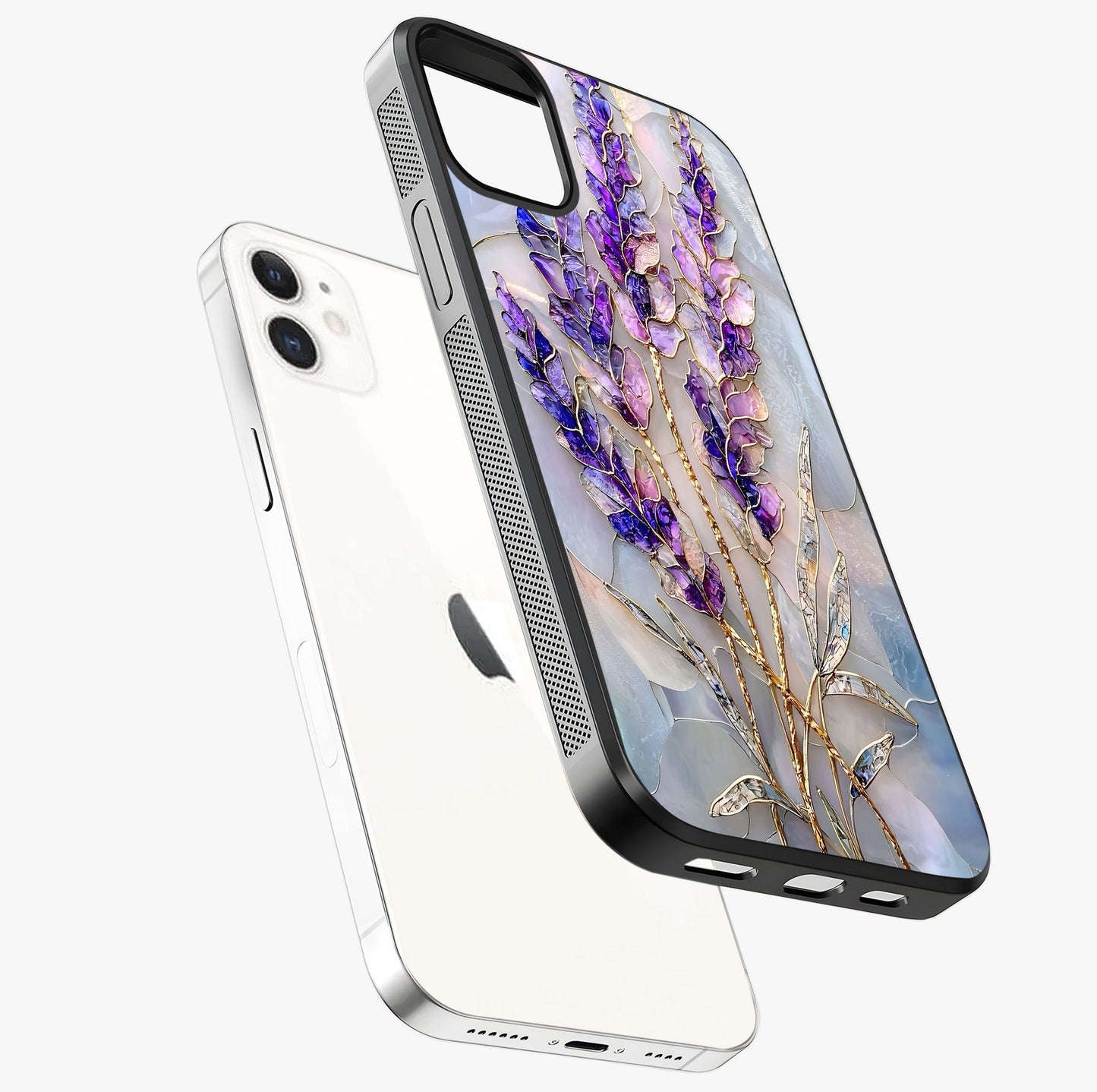 Lavender Dream Glow Glass Case laid diagonally highlighting side profile, edges and glossy glass shine.