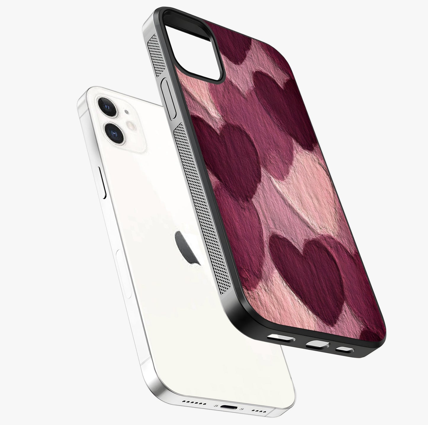 Layered Paper Hearts Glass Case laid diagonally highlighting side profile, edges and glossy glass shine.