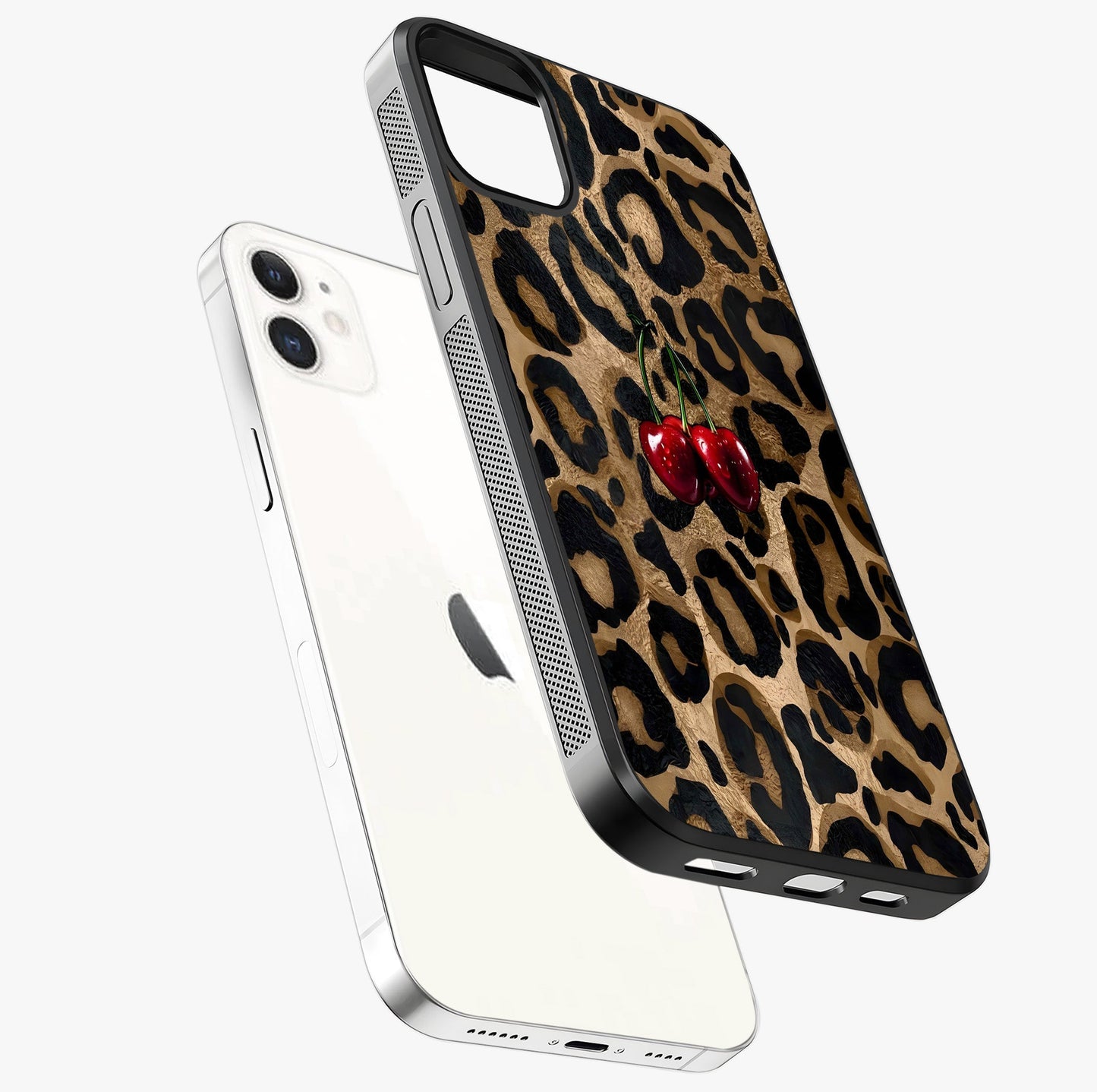 Leopard Wild Cherry Glass Case laid diagonally highlighting side profile, edges and glossy glass shine.