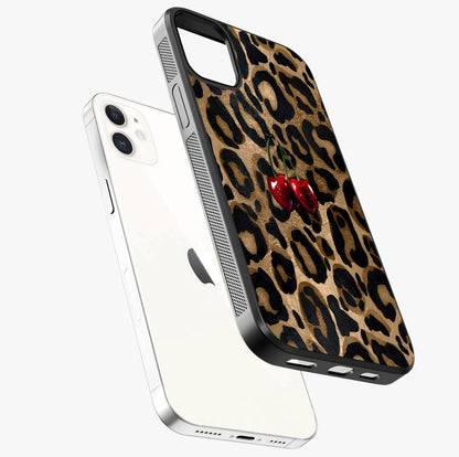 Leopard Wild Cherry Glass Case laid diagonally highlighting side profile, edges and glossy glass shine.