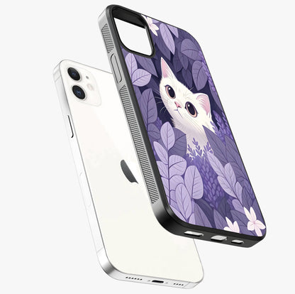 Lilac Hide Peek Cat Glass Case laid diagonally highlighting side profile, edges and glossy glass shine.