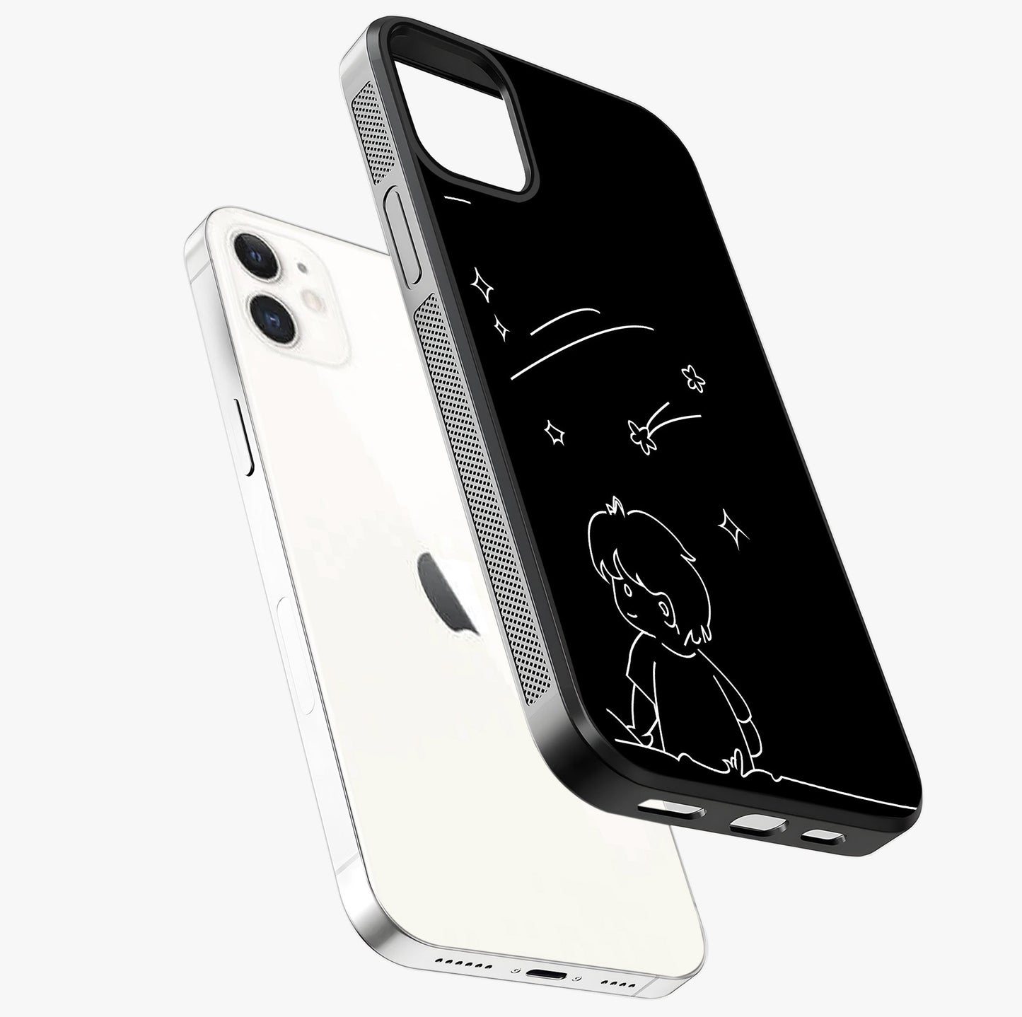 Line Art Boy With Shooting Stars Glass Case laid diagonally highlighting side profile, edges and glossy glass shine.