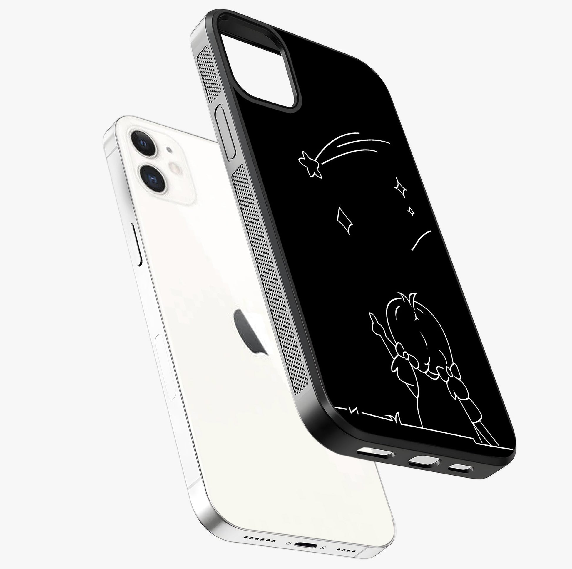 Line Art Girl With Shooting Stars Glass Case laid diagonally highlighting side profile, edges and glossy glass shine.