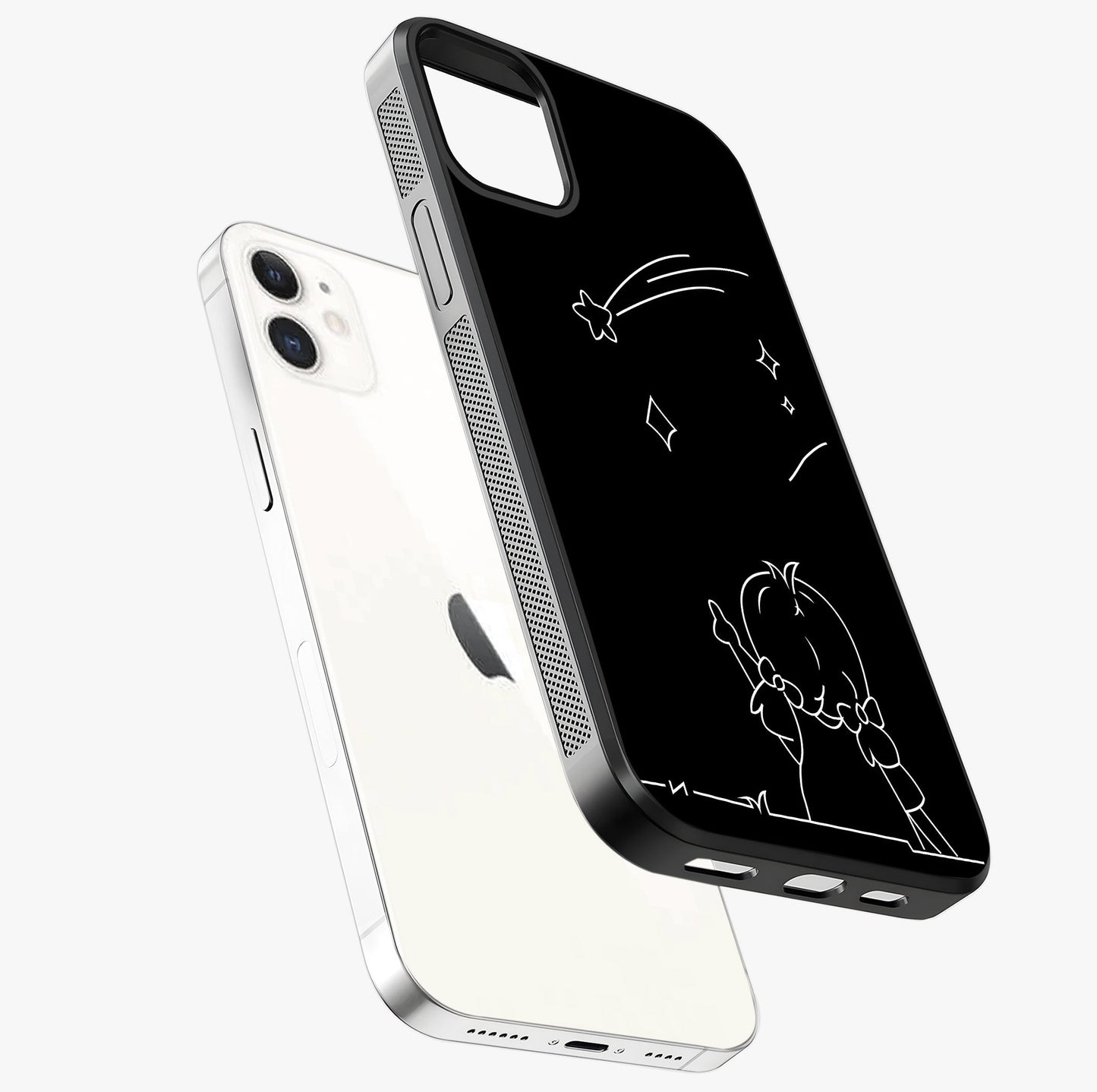 Line Art Girl With Shooting Stars Glass Case laid diagonally highlighting side profile, edges and glossy glass shine.