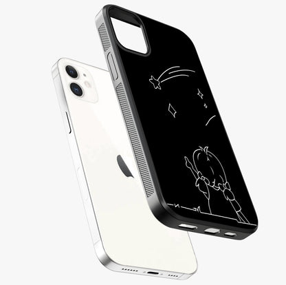 Line Art Girl With Shooting Stars Glass Case laid diagonally highlighting side profile, edges and glossy glass shine.