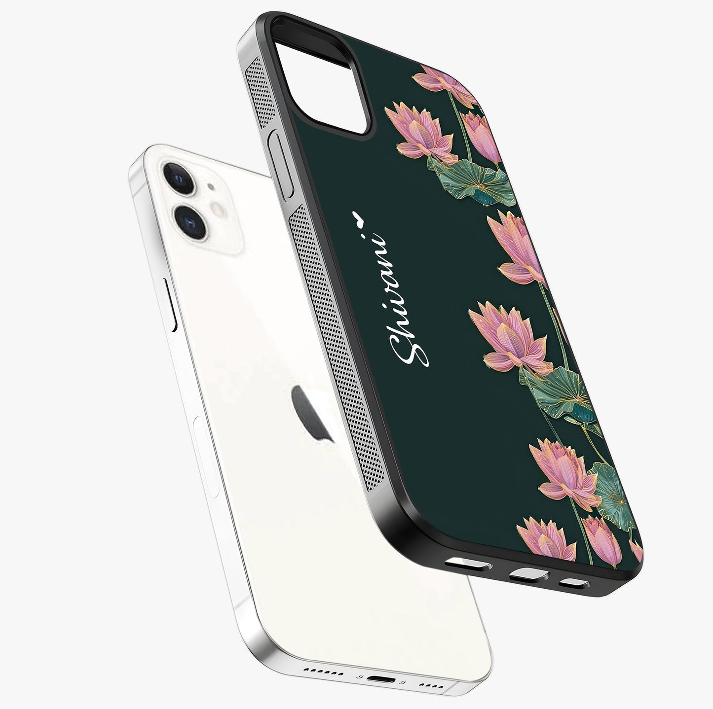 Lotus Bloom Serenity Custom Name Glass Case laid diagonally highlighting side profile, edges and glossy glass shine.