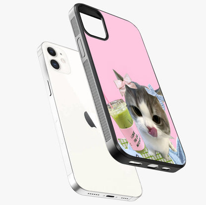 Love Matcha Cat Glass Case laid diagonally highlighting side profile, edges and glossy glass shine.