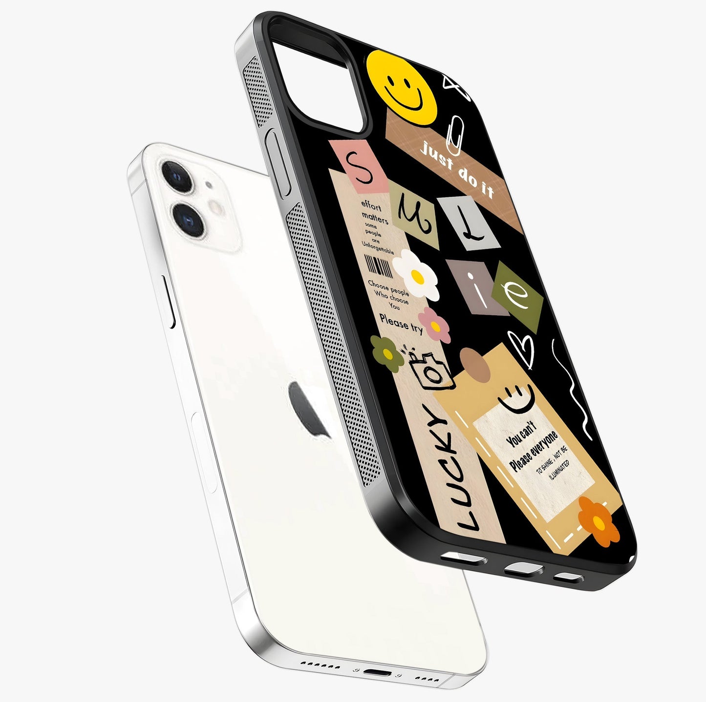 Lucky Aesthetic Collage Glass Case laid diagonally highlighting side profile, edges and glossy glass shine.