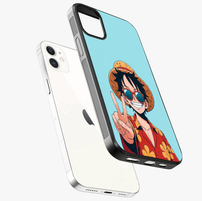 Luffy Summer Anime Vibe Glass Case laid diagonally highlighting side profile, edges and glossy glass shine.