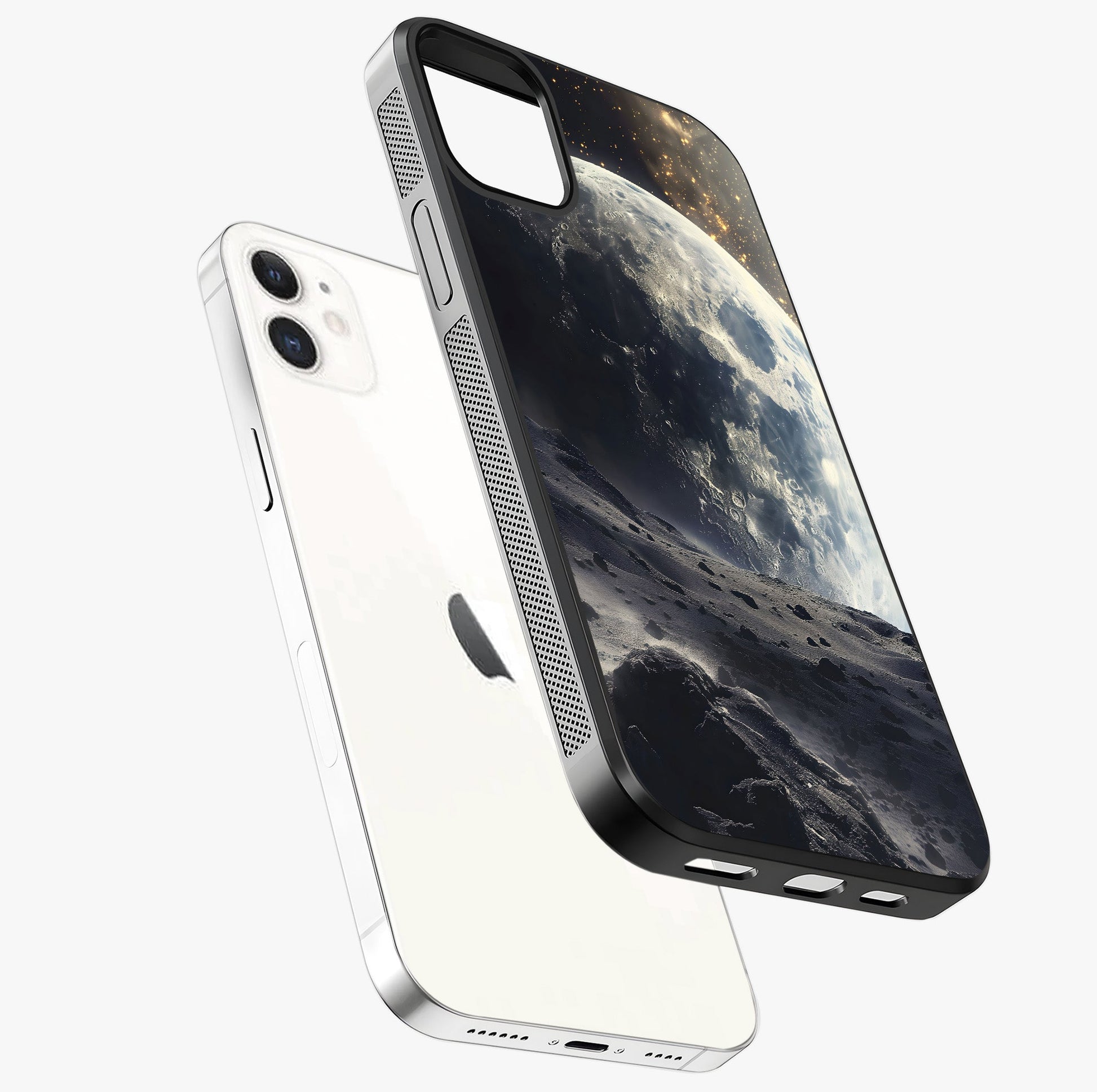 Lunar Horizon Glow Glass Case laid diagonally highlighting side profile, edges and glossy glass shine.