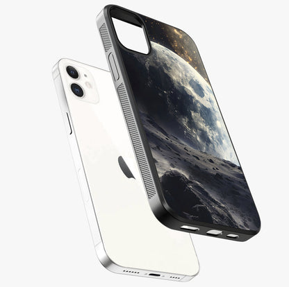 Lunar Horizon Glow Glass Case laid diagonally highlighting side profile, edges and glossy glass shine.