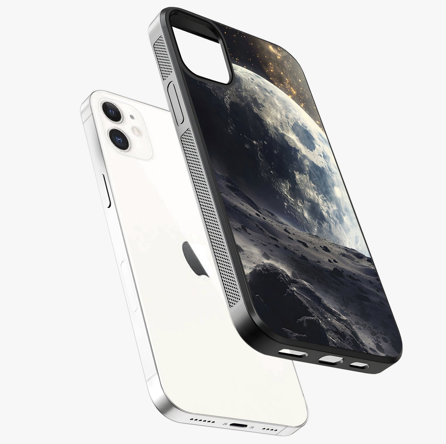 Lunar Horizon Glow Glass Case laid diagonally highlighting side profile, edges and glossy glass shine.