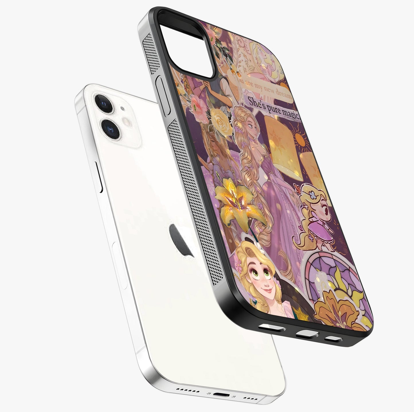 Magical Tangled Dream Glass Case laid diagonally highlighting side profile, edges and glossy glass shine.