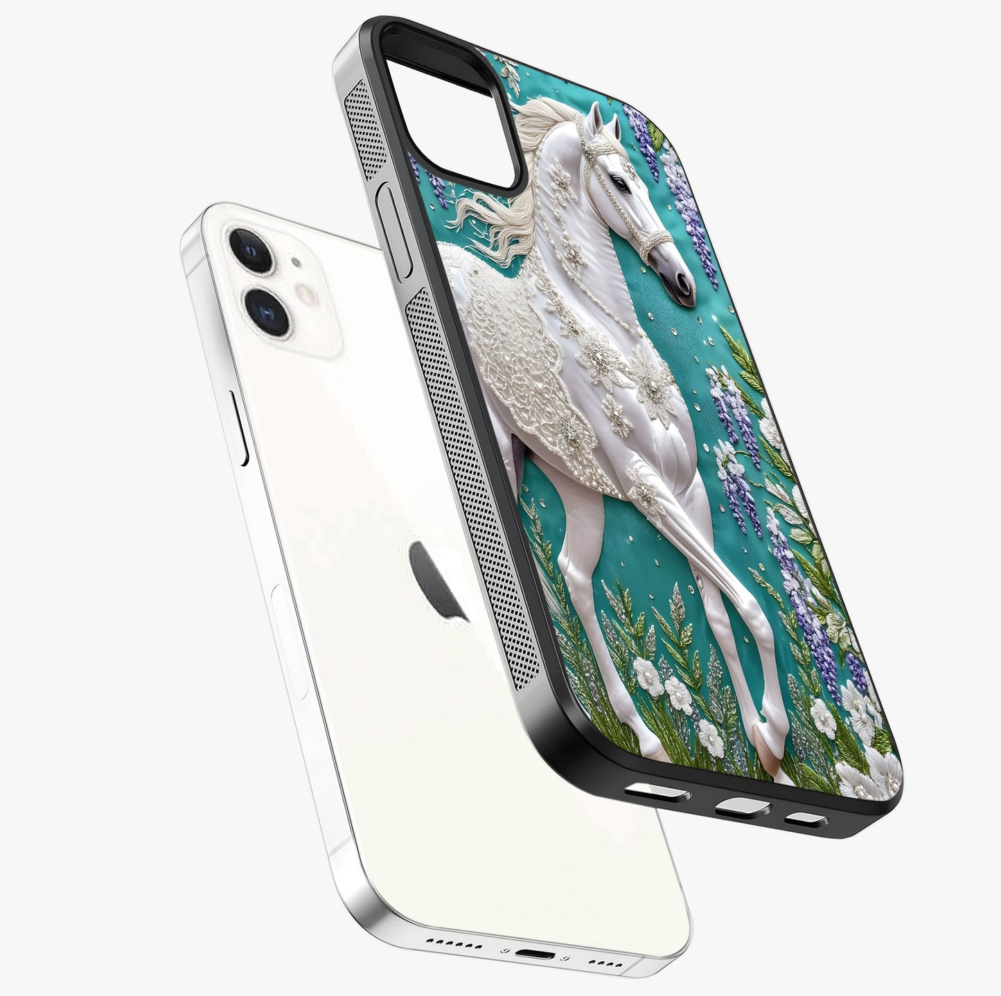 Majestic Floral Stallion Glass Case laid diagonally highlighting side profile, edges and glossy glass shine.