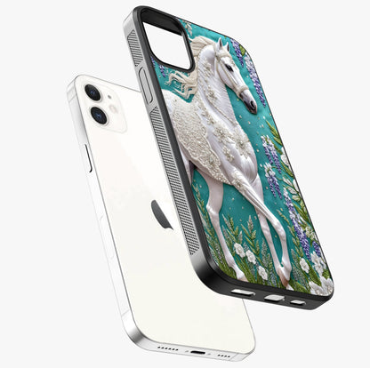 Majestic Floral Stallion Glass Case laid diagonally highlighting side profile, edges and glossy glass shine.
