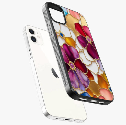 Marble Flower Pattern Glass Case laid diagonally highlighting side profile, edges and glossy glass shine.